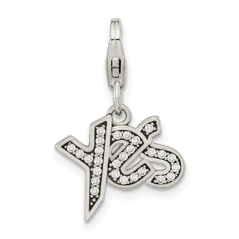 925 Sterling Silver Polished Antiqued CZ YES Bracelet Charm Lobster Clasp